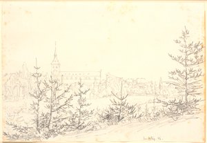 Igreja de St. Knud em Odense vista do pântano dos monges de Christen Købke