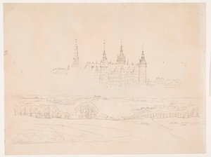 Estudo para "Paisagem de outono" de Glyptoteket. Castelo de Frederiksborg no meio termo de Christen Købke