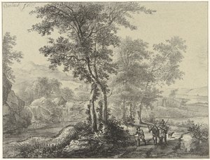 Paisagem arborizada com viajantes