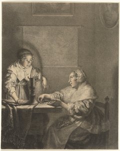 Interior com senhora e criada à luz de velas