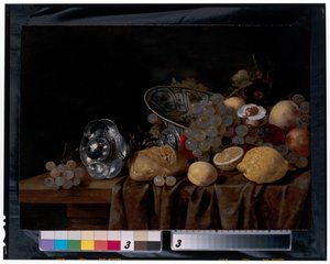 Natureza morta de limões, uvas e pêssegos