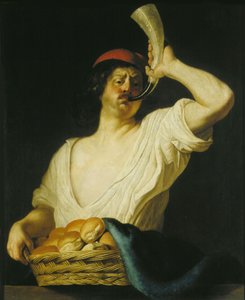 Um padeiro soprando seu chifre, 1650. de Christiaen van Couwenbergh