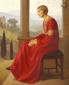 Uma mulher de vestido vermelho sentado em um terraço em uma paisagem italiana de Christian Bang