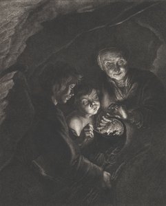 Cena noturna em uma caverna com uma velha segurando brasas em uma panela, um menino soprando..., ca. 1750-57 de Christian Friedrich Boëtius