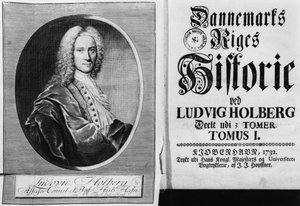 Barão Ludvig Holberg (1684-1754) e a página de rosto do Volume I de sua História da Dinamarca, publicada em Copenhague, 1732