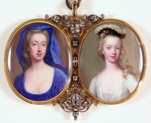 Lady Henrietta Cavendish Holles Harley e sua filha Margaret (esmalte) (ver também 3076141) de Christian Friedrich Zincke