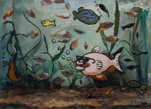 Grande peixe cor-de-rosa no mundo dos peixes 1988 (óleo sobre tela) de Christian Furr