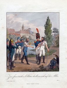 ""o duelo de dois soldados franceses"" Aquarela de Christian Gottfried Heinrich Geissler (1770-1844) 1808 Coleção particular