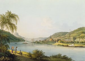Vista da parte sul de Schandau no Rio Elba na Saxônia, na fronteira da Boêmia (gravura com aquarela)