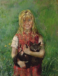 Garota com um gato (óleo sobre tela) de Christian Krohg