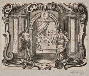 Emblema com portal, homem e mulher, cupido e dois corações ardentes