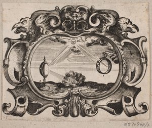 Emblema com sol irradiando através de um anel e através de um vidro em chamas para acender um fogo de Christian Rothgiesser