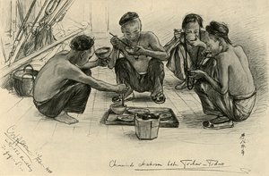 Tripulantes chineses comendo a bordo do 
