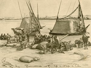 Carregando algodão em barcos de grãos, Rio Nilo, Cairo, Egito, 1898. de Christian Wilhelm Allers