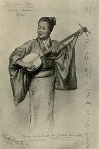 Mulher tocando shamisen, Mentaki Falls, Kobe, Japão, 1898. de Christian Wilhelm Allers