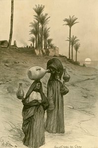 Mulheres carregando potes de água nas margens do Nilo, Cairo, Egito, 1898. de Christian Wilhelm Allers
