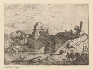 Paisagem com a ruína de um portão junto a uma ponte dilapidada de Christian Wilhelm Ernst Dietrich