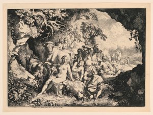 Ninfas tomando banho perto de uma caverna de Christian Wilhelm Ernst Dietrich