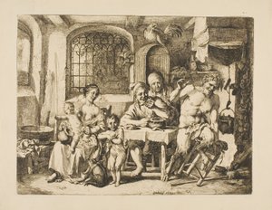 Sátira em casa de camponês, ao estilo de Jordaens de Christian Wilhelm Ernst Dietrich