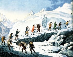 2ª Subida do Monte Branco por Horace-Benedict de Saussure em agosto de 1787, gravura a cores de Marquardt Wocher publicada em 1790