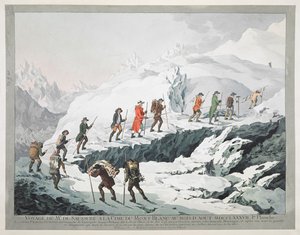 Horace Bénédict de Saussure e os seus guias na travessia de um glaciar Month Blanc (gravura)