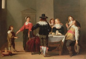 Um interior de sala de guarda com soldados comendo e bebendo em uma companhia feminina, 1639