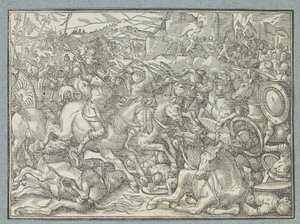 Batalha da parede de pedra Batalha dos israelitas contra os benjamitas de Christoffel van Sichem (I)