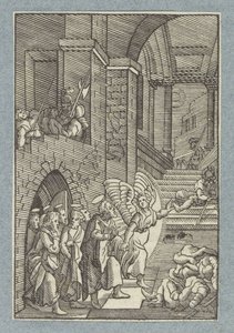 Pedro e os outros apóstolos são libertados da prisão por um anjo de Christoffel van Sichem (II)