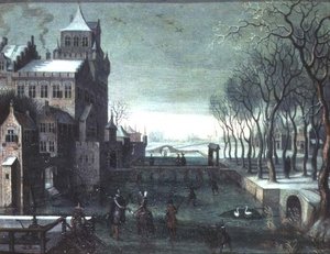 Uma Paisagem de Inverno com Patinagem de Figuras por um Castelo de Moated de Christoffel van den (circle of) Berghe