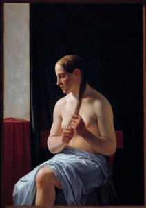 Modelo nu sentado. Retrato de uma mulher trançando o seu cabelo (trança). Pintura de Christoffer Wilhelm Eckersberg (1783-1853)
