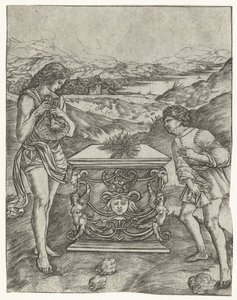 Caim e Abel sacrificam cordeiro no altar de Christoforo di Michele Robetta