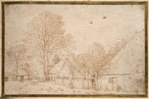 Edifícios de colmo, quase árvores nuas e um bando de gansos (caneta e tinta sobre papel)