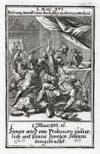 Simão e seus dois filhos são mortos por Ptolomeu.1 Macabeus 14:16, 1695