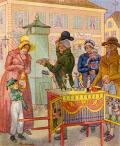Leierkasten Mit Tanzpuppen / Órgão de barril com marionetas dançantes (litografia a cores)