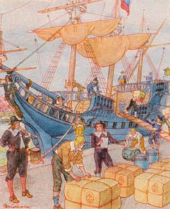 Hafen Mit Tabakballen / Porto com fardos de tabaco (litografia a cores)