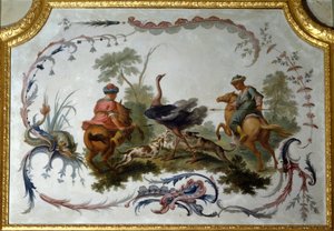 Painel de caça de avestruz da grande sala de estar do castelo de campos sobre marga. Decoração de parede pintada por Christophe Huet de Christophe Huet