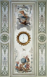 Painel da grande sala de estar do Chateau de Champs sur Marne com barômetro e chinoiserie. Decoração de parede pintada por Christophe Huet (1700-1759) de Christophe Huet