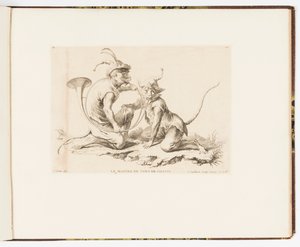 Placa 10, O Mestre da Trompa de Caça, Travessuras de Macacos ou Diferentes Ações da Vida Humana Representadas por Macacos de Christophe Huet