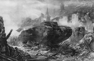 O primeiro uso de naves blindadas na Guerra, os Tanques na Frente Ocidental (litho)