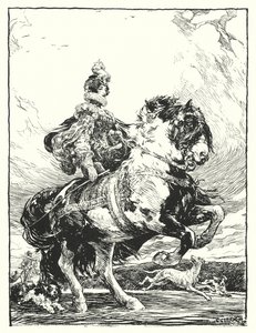 Mulher em traje Tudor caçando a cavalo (litho)