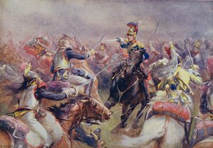 A Carga da Brigada Pesada contra os Couraceiros Franceses em Waterloo, de "Batalhas Britânicas em Terra e Mar", editado por Sir Evelyn Wood (1838-1919), publicado pela primeira vez em 1915