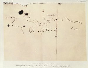 Esboço da costa de Espanola, desenhado por Colombo na primeira viagem, do original em posse do Duque de Berwick e de Alba, 1492 (tinta sobre papel)