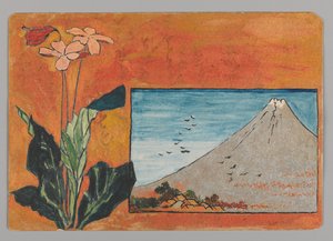Cartão pequeno com o Monte Fuji e flores