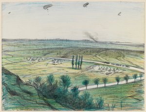 Paisagem com balões de observação, 1914-18 (lápis e giz de cera no papel) de Christopher Richard Wynne Nevinson