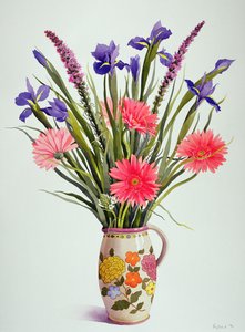 Íris e Gerbera em um jarro holandês (wc) de Christopher Ryland