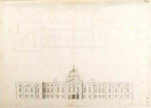 Palácio de Hampton Court, planta parcial e elevação de esboço para uma fachada de entrada, provavelmente para o 2º esquema, numerado 5 e 6