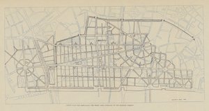 Projeto de reconstrução da zona ardida de Sir Christopher Wren sobreposto às ruas existentes (litografia) de Christopher Wren