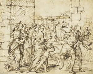 A Festa Lupercaliana em Roma: O Cupido e as Personificações da Fertilidade encontram os Luperci vestidos de cães e cabras de Circle of Adam Elsheimer