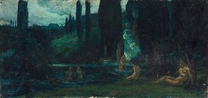 Mulheres tomando banho à noite em uma paisagem do sul de Circle of Arnold Böcklin
