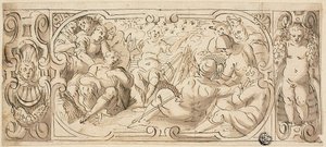 Desenho para friso decorativo com José a interpretar o sonho aos seus irmãos de Circle of Giovanni Battista Castello